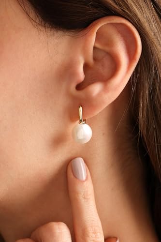Moodear Pearl Earrings for Women Trendy 14K Gold Plated/925 Sterling Silver Pearl Drop Hoop Earrings Elegant Hypoallergenic Gold Pearl Dangle Earrings Wedding Jewelry Gifts for Women3