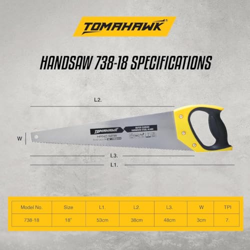 Image of TOMAHAWK Heavy-Duty Hand Saw 18 Inch | High-Carbon Steel Blade | Non-Slip Bi-Material Grip | Wood Cutting Saw for Carpentry, Tree Branches, DIY & Construction | Hand Saw For Wood Cutting