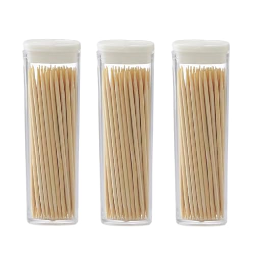 150 Count Bamboo Wooden Toothpicks Wood Round Double-Points Tooth Picks,Appetizer,Olive,Barbecue,Fruit,Cocktail,Teeth Cleaning Toothpick Holders (3-Pack)