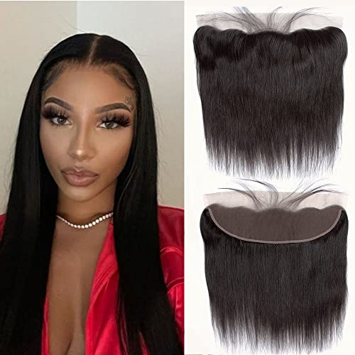 Brazilian Virgin Straight Human Hair 13x4 Lace Frontal 100% Unprocessed Silky Straight Transparent Human Hair Ear to Ear Lace Frontal Natural Black Color (10Inch