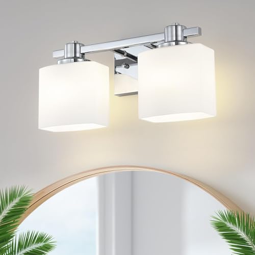 Image of 15 Inch Chrome Bathroom Light Fixtures Over Mirror 2 Light Bathroom Vanity Light Silver Modern Industrial Makeup Lighting Wall Sconce Farmhouse Rustic Milk Glass Lamp Desk Sink