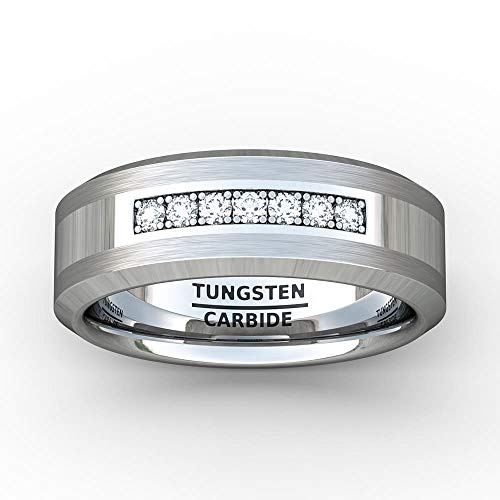 Duke Collections Classic Mens Wedding Band 8Mm Polished Tungsten Ring With Cubic Zircon Stones Beveled Edge Comfort Fit (8) #TOP2