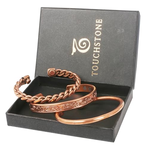 Image of Touchstone copper bracelets | gift for men women |adjustable 100% pure solid real magnetic jewelry | handmade bracelet set combo | rope braided tibetan bangles.