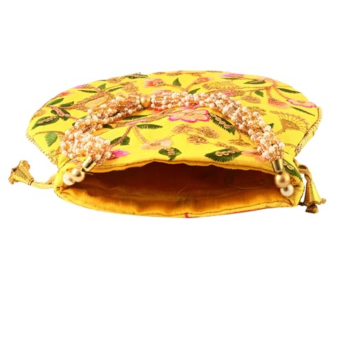 Image of Handcrafted Potli Purse with Golden Floral Embroidery and Pearl Accents