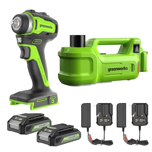 Image of Greenworks 24V Brushless 2 pcs Cordless Power Tool Combo Kit, include 3 /8 inch 150-ft lbs. Impact Wrench, 3 Ton Max Loading Car Jack, Include 2 x 2Ah Batteries and 1 Fast Charger