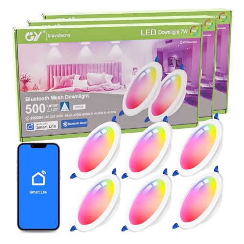 GY Faretto collegato Bluetooth Mesh a incasso LED dimmerabile, 7 W, 500 lumen, RGBW + bianco caldo/freddo 2700 K-6500 K, interruttore tattile, illuminazione a soffitto incasso, corridoio, bar