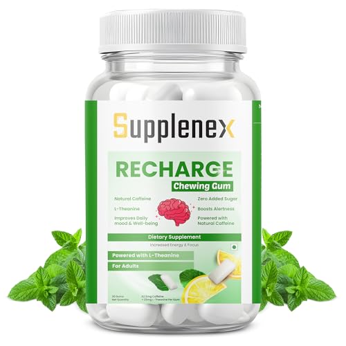 Image of Caffeine Energy Gum with L-Theanine for Focus, Memory & Alertness | Sugar Free Chewing Gum | Mint Flavor | 30 Gums