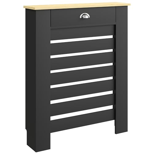 HOMCOM Radiator Cover with Drawer Horizontal Slatted Grill Black Painted MDF Wood Cabinet Shelf Heating Cover for Living Room Bedroom Hallway Small (H: 95.5 / W: 78 / D: 19 cm)