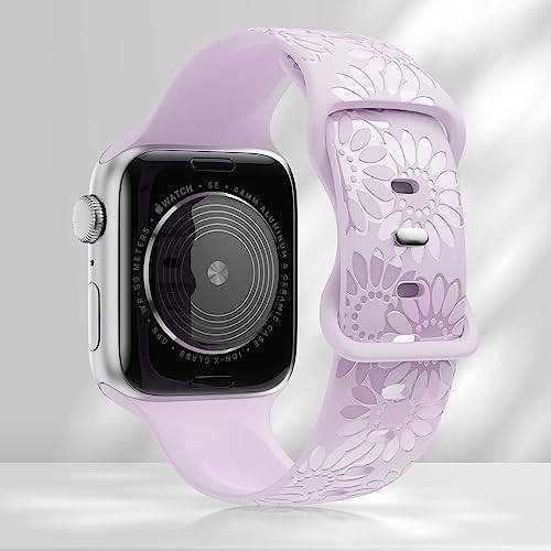 Image of Sunflower Engraved Band Compatible with Apple Watch Bands 38mm 40mm 41mm 42mm 44mm 45mm 49mm Women, Designer Soft Glossy Floral Silicone Strap for iWatch Series Ultra 11 10 9 8 7 6 SE 5 4 3 2 1