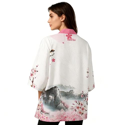 Wifru Women's Japanese Cherry Blossom Kimono Cardigan Lightweight Polyester Open Front Short Sleeve Robe Pink Floral Print Breathable Beach Cover Up Loungewear for Vacation Spa Casual Wear 3XL