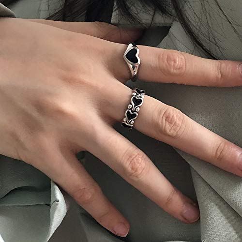 Gothic Vintage Ring Set Y2K Black Heart Stackable Retro Punk Open Knuckle Finger Ring For Women Girls #TOP1