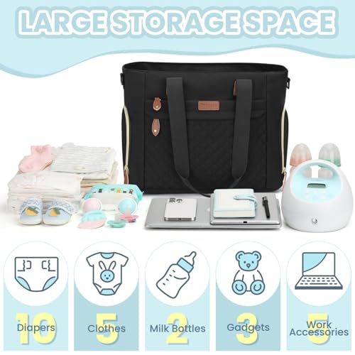 Image of Pritent Diaper Bag Tote for Working Mom, Large Travel Diaper Tote for Mom and Dad with 14 Inch Laptop Sleeve, Mommy Maternity Travel Baby Bag for Boys and Girls, Black