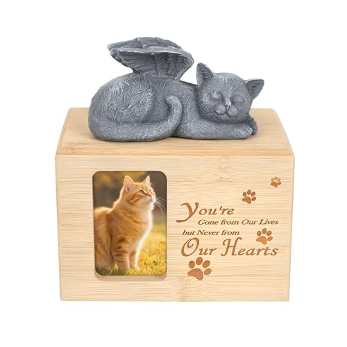 Erlsig Cat Ashes Box Bamboo Ashes Box for Cat Cat Urn Ashes Holder Casket Keepsake Memorial Gift with Picture Display Window- Cat Angel (Youre)