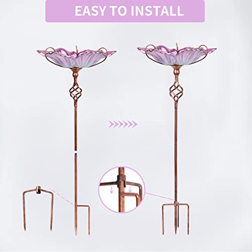 Image of MUMTOP Glass Birdbath Birdfeeder with Metal Stake Garden Yard Outdoor Pink