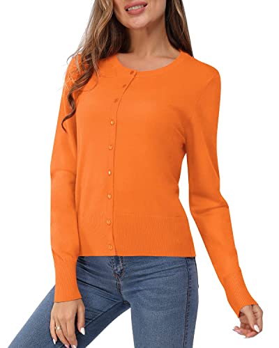 VOTEPRETTY Strickjacke Damen Leichte Cardigan Kurz Rundhals Strickjacken Langarm Strickmantel mit Knöpfe Orange