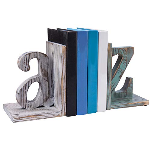 Mygift Vintage Wood Decorative Bookends Decorative White And Blue Alphabet A And Z Design, Home Office Desk Decor #TOP18