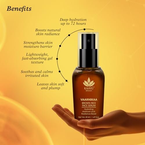 Image of Vaarinikaa Brown Rice Face Serum with Saffron, Vitamin E, Niacinamide & Coffee | Lightweight Ayurvedic Serum for Up to 72 Hours Hydration & Even-Looking Complexion | All Skin Types, 50ml