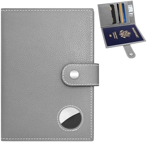 Genuine Leather Passport Holder, RFID Blocking Travel Wallet for Men/Women, Stylish Passport Cover with Airtag Slot, Durable Passport Wallet case travel essentials (Gray)