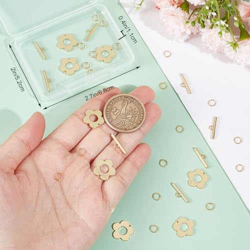 Beebeecraft 1 Box 10 Sets Flower Toggle Clasps 18K Gold Plated Brass Flower Toggle Connector T Bar Clasps Sets with Jump Rings for Spring Theme DIY - Image 3