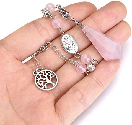 CrystalTears Natural Rose Quartz Crystal Pendulum Hexagonal Healing Crystal Point Dowsing Pendulum Necklace for Divination Chakra Reiki Healing Meditation Balancing