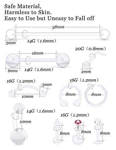 Vsnnsns 14G 16G 20G Clear Piercing Plastic Retainer for Nose Lip Tongue Nipple Eyebrow Septum Belly Rings Industrial Piercing Jewelry Earrings Use for Sport Work Surgery Piercing Retainer 72Pcs2