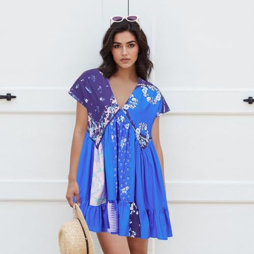 Image of SOOKABEILA Women's Boho Mini Dress Y2k Floral Print Deep V-Neck Puff Sleeve Short Dress 2025 Summer Loose Beach Sundress