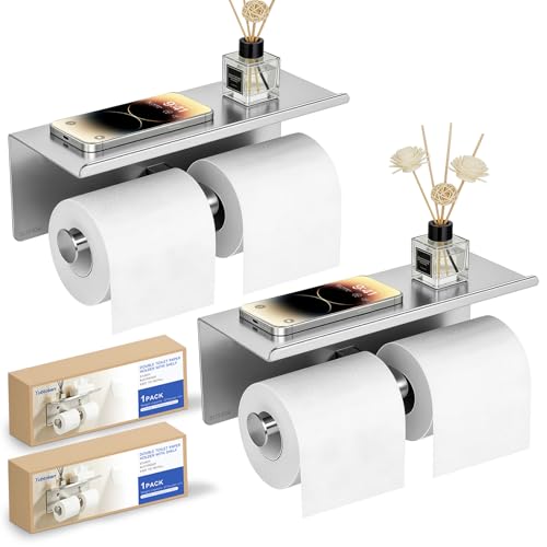 2 Pack Double Toilet Paper Holder with Shelf Wall Mount Tissue Roll Holder for Bathroom Heavy Duty 304 Stainless Steel Commercial Toilet Paper Dispenser with Phone Shelf - Brushed Nickel