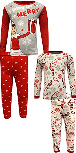 AME INTL Sleepwear Girls' Elf on The Shelf Bring on The Merry 4 Piece Cotton Pajamas Red