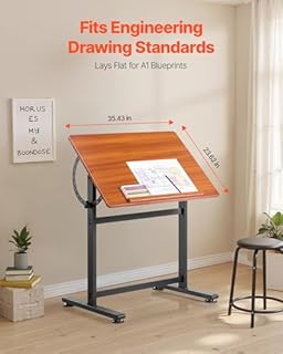 VEVOR Table à Dessin Inclinable 0°-90°, Bureau pour Dessinateur avec cadre en H Noir et Plateau Marron, Table d'Architecte en Bois, Poste de Travail pour Peintre Ingénieur Artiste, Maison Bureau