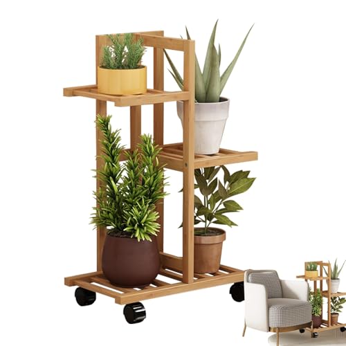 Estante para macetas, estante para macetas, soporte para macetas de 3 niveles, estante de pie con ruedas, estante de madera para macetas, para sala de estar, balcón, entrada, patio, porche