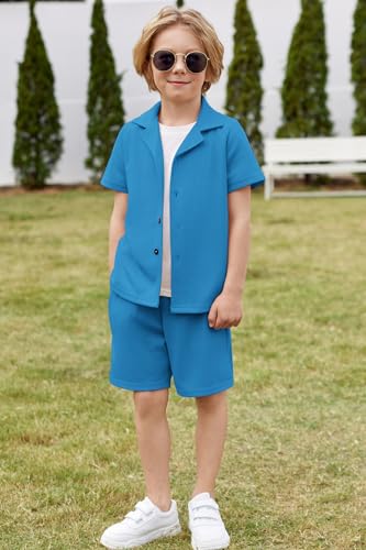 Image of Arshiner Toddler Boys 2 Piece Summer Outfits Waffle Knit Short Sleeve Button Down Shirt & Casual Shorts Sets Size 2-7