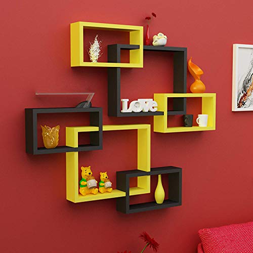 Image of Amaze Shoppee MDF Wall Decoration Intersecting Floating Shelves Set of 6 (Yellow and Black)