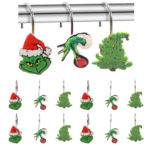 BIVIPO 12 Pack Merry Christmas Shower Curtain Hooks Rings Festive Decorative Shower Hooks for Shower Curtain Stainless Steel Decorative Shower Hangers Rings for Bathroom