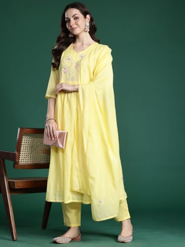 Image of INDO ERA Women's Pure Cotton Embroidered Thread Work Kurta & Pant with Dupatta Set (IEAI13046)