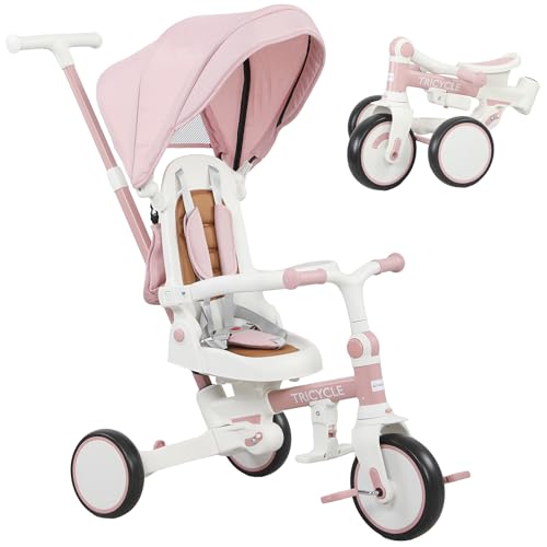 AIYAPLAY Triciclo infantil 5 en 1 con manillar, cubierta superior desmontable, arnés de 5 puntos y barra de seguridad, triciclo de aluminio y PP, 96,5x49x101 cm, rosa