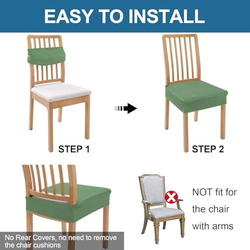 Image of Smiry Waterproof Seat Covers for Dining Room Chairs, No Rear Covers | Stretch Jacquard Removable Washable Chair Seat Slipcovers Protector, Set of 8, Green