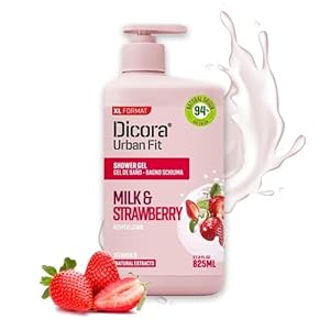 Dicora Urban Fit | Gel de Ducha Nutritivo con extracto de leche y fresa | Gel de Baño con Vitamina B | Revitalizante e hidratante | Tamaño 825 ml