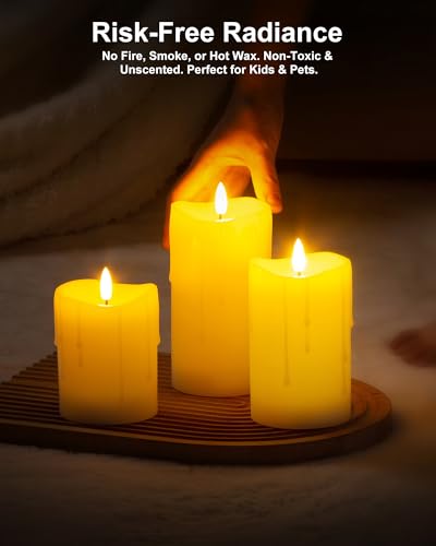 Image of White Flameless Candles with Remote and Timer, Real Wax Made Wax Drip LED Pillar Candles Battery Operated with 3D Flickering Flame Melted Top - 3 inch x 4 inch,5 inch,6 inch - Set of 3