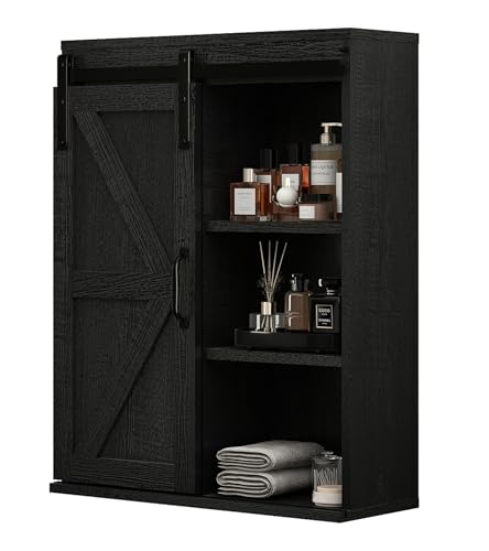 Comparison: Best Colors For Bathroom Cabinets 10 RUSTOWN Farmhouse Wood Wall Storage Bathroom Cabinet with Sliding Barn Door, Rustic Medicine Cabinet with Adjustable Shelf, 3-Tier Vintage Cabinets for Kitchen, Bathroom, Living Room (Black)
