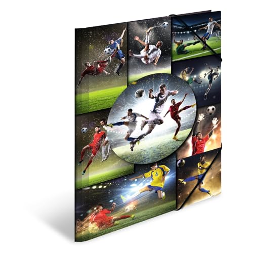 HERMA Sammelmappen A3 Fussball Set, 3 Stück, Kinder Eckspanner-Mappen aus Pappe mit Sport Motiv, Gummizug, Innenklappen und Innendruck für Jungen und Mädchen
