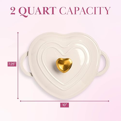 Image of Paris Hilton Enameled Cast Iron Dutch Oven Pot with Lid, Heart-Shaped Dutch Oven, Durable Cast Iron Pot with Dual Handles, Oven Safe to 500F, Works on All Stovetops, 2-Quart, Cream