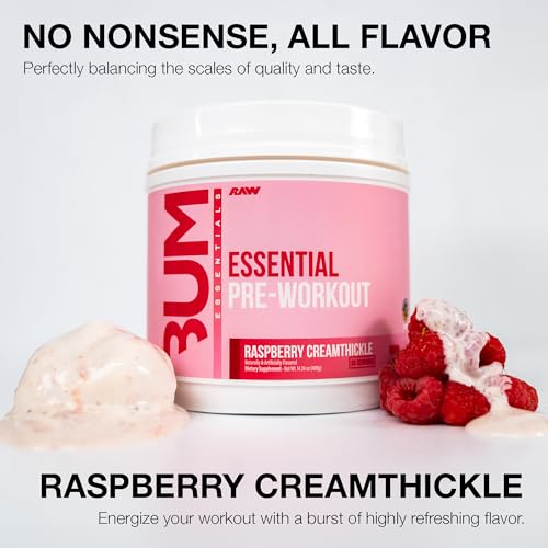 Image of RAW Essential Pre-Workout Powder (Rasberry Creamthickle) - Chris Bumstead Sports Supplement for Men & Women - Preworkout Energy Powder with Caffeine, L-Citrulline, L-Tyrosine, & Beta Alanine Blend