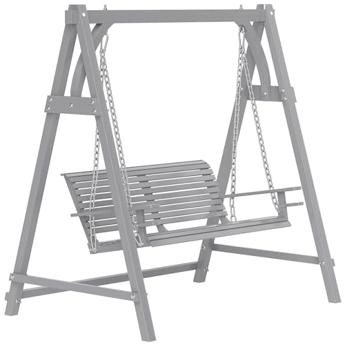 Outsunny 2 Seater Garden Swing Seat, Wooden Swing Chair Bench with Cup Holders for Outdoor Porch Patio, Grey
