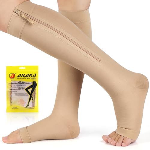Ailaka Zipper Compression Socks for Women Men, 20-30 mmHg Open Toe Compression Socks Knee High, Ted Hose Compression Stockings for Edema, Varicose Veins(Beige,XL)