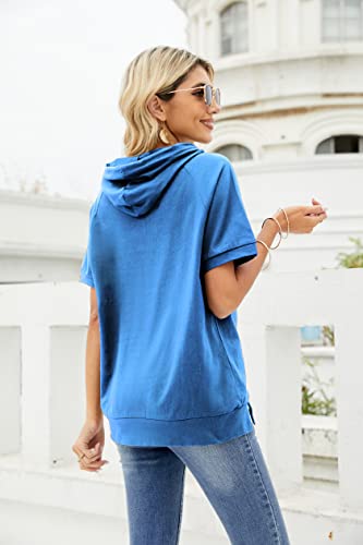 Deweey Womens Short Sleeve Hoodie Casual Sweatshirt Outdoor Top O Neck Solid T Shirt Blouse (Small, Blue) #TOP5