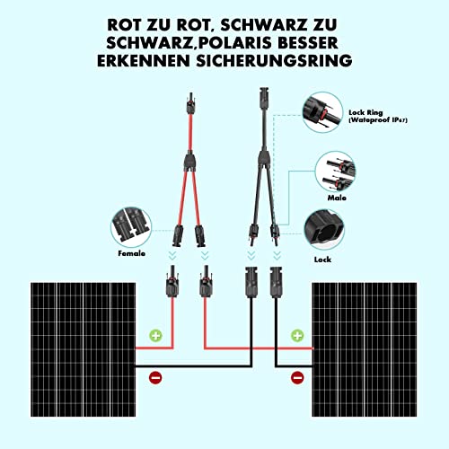 Solarkabel Y-Verteiler, Solar Abzweigadapter Solar PV Paralleladapter (1 bis 2), Solarpanel Kabel Y Abzweig Parallelverbinder MMF+FFM für Parallel Photovoltaik Anschluss, 1 Rot +1 Schwarz