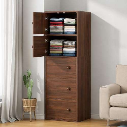 Image of 5-Door Morden Wooden Collapsible Wardrobe for Storage /Space Saving Wooden Wardrobe with Doors /Collpsible Storage Organiser /Living Room - (Walnut, 5 Layer)
