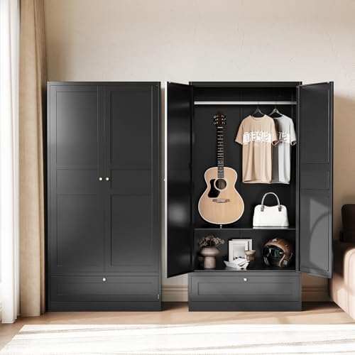 Image of Letaya Metal Wardrobe Cabinets,18 inch Deep Clothing Storage Cabinet with Doors and Shelves,for Home Room,Fire Department, School, Employee,Gym,Government (Black)