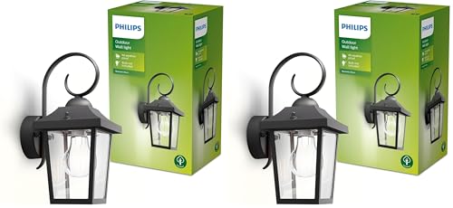 Philips Buzzard Wandleuchten für den Außenbereich, E27-Fassung, wasserfest, schwarz, IP44 wetterfest, 17.50 x 13.00 x 29.00 cm (Packung mit 2)