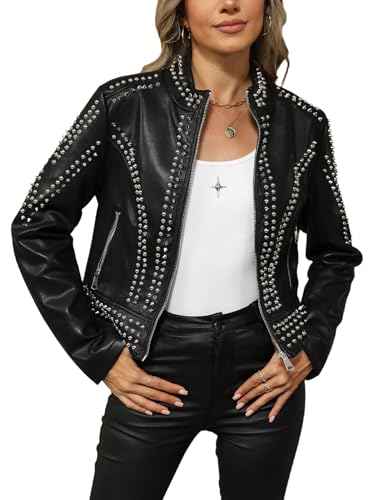 Bellivera Women's Faux Leather Jacket Studded Rivet Casual Short Moto Biker Stand Collar Coat